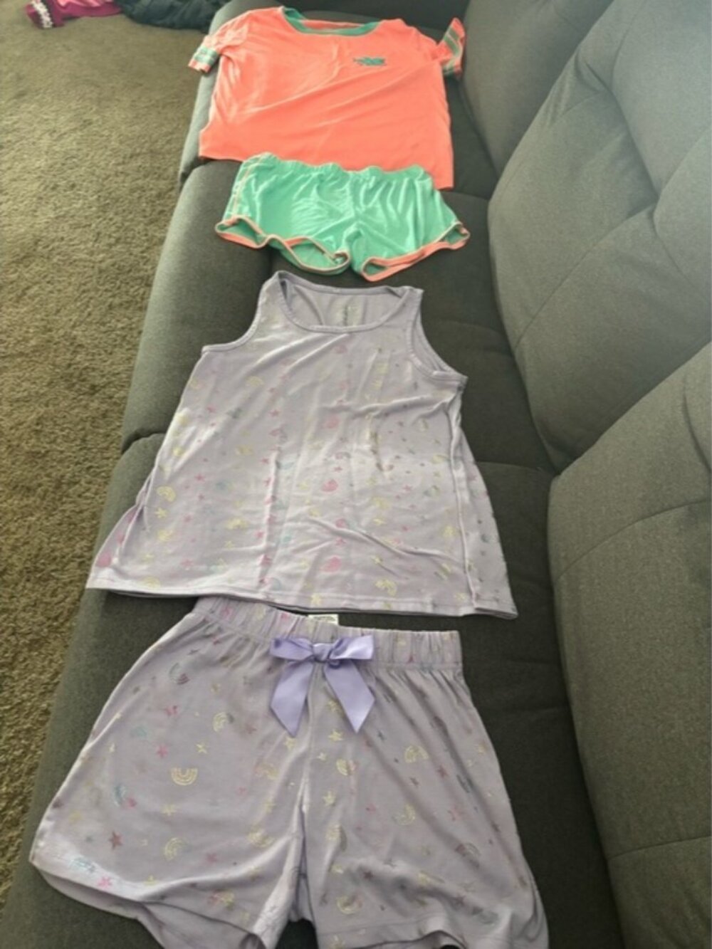 Two sets Girls' Pajama Coral Teal Top & Mint Shorts + Lavender Stars Size:14/16